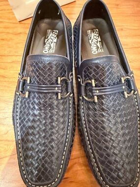 Salvatore Ferragamo Navy Woven Leather Bit Loafers